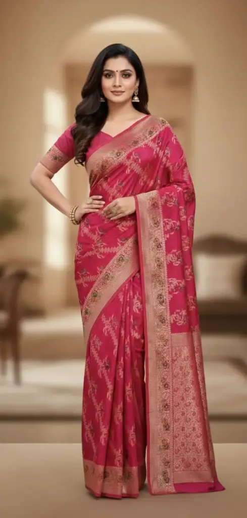 Pure Khaddi Chiffon Saree with Elegant Zari Weaving – Hot Pink Shade