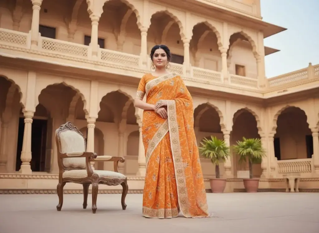 Pure Khaddi Chiffon Saree with Heavy Zari Border – Orange Gold Shade