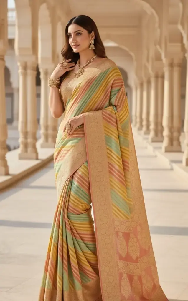 Pure Khaddi Chiffon Multicolor Striped Saree with Elegant Zari Border
