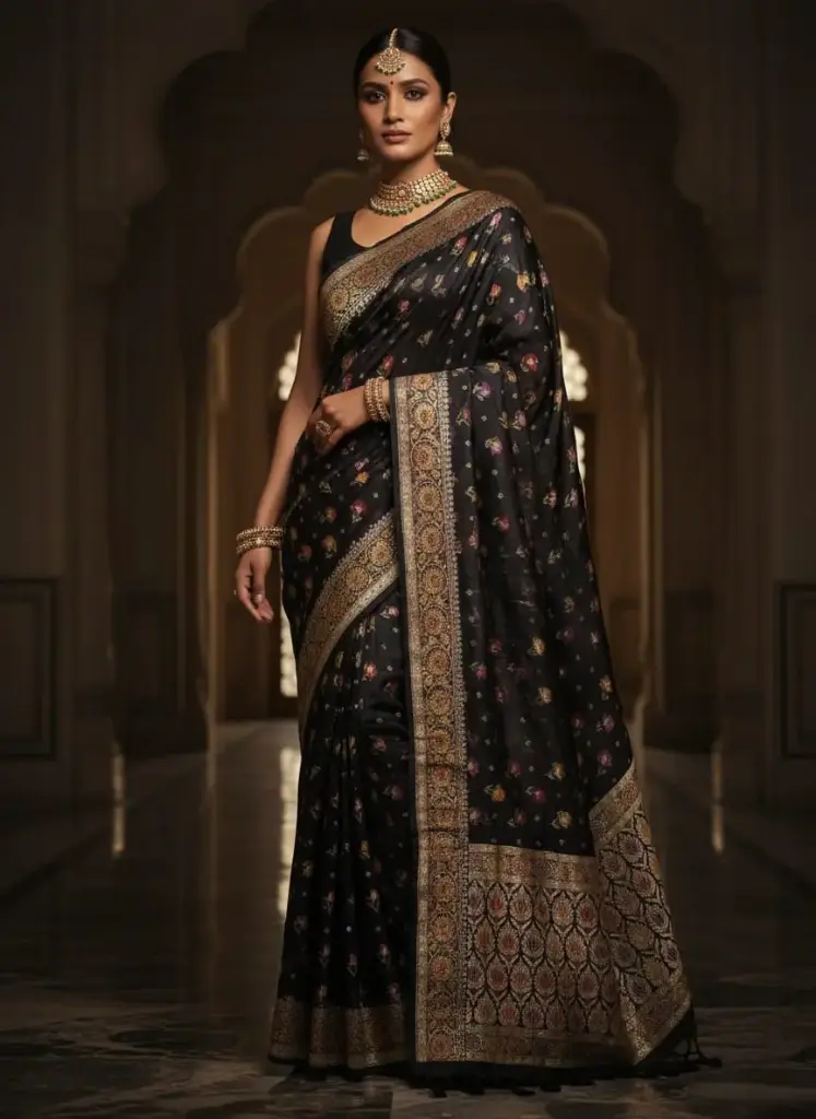 Pure Khaddi Chiffon Black Saree with Rich Zari Border & Floral Weaving